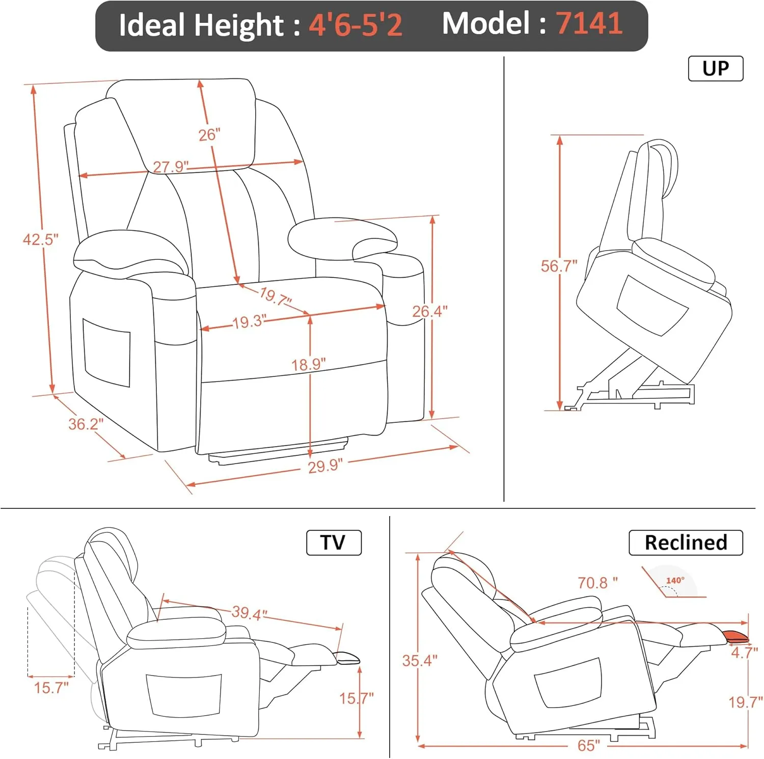 MCombo Small Power Lift Recliner Chair Sofa with Massage and Heat for Petite Elderly, 3 Positions, Cup Holders, and USB Ports, Extended Footrest, Fabric 7141 (Admiral)