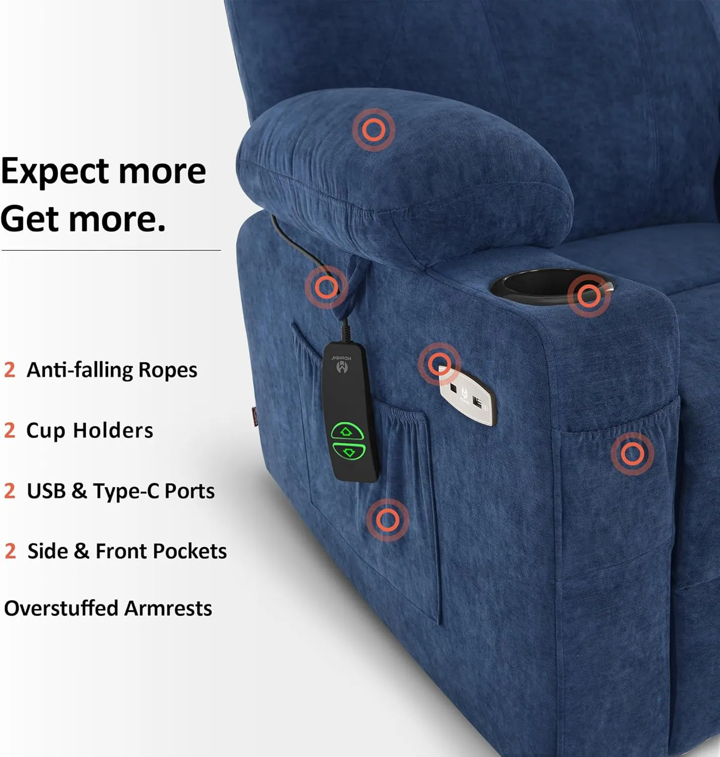 MCombo Small Power Lift Recliner Chair Sofa with Massage and Heat for Petite Elderly, 3 Positions, Cup Holders, and USB Ports, Extended Footrest, Fabric 7141 (Admiral)