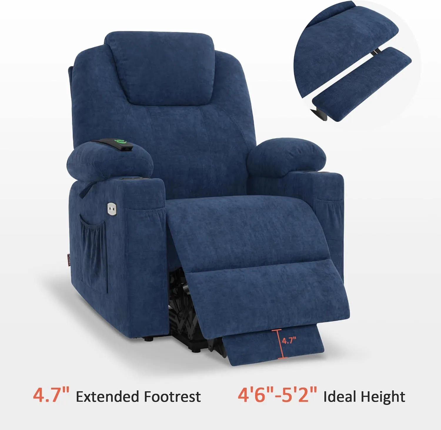 MCombo Small Power Lift Recliner Chair Sofa with Massage and Heat for Petite Elderly, 3 Positions, Cup Holders, and USB Ports, Extended Footrest, Fabric 7141 (Admiral)