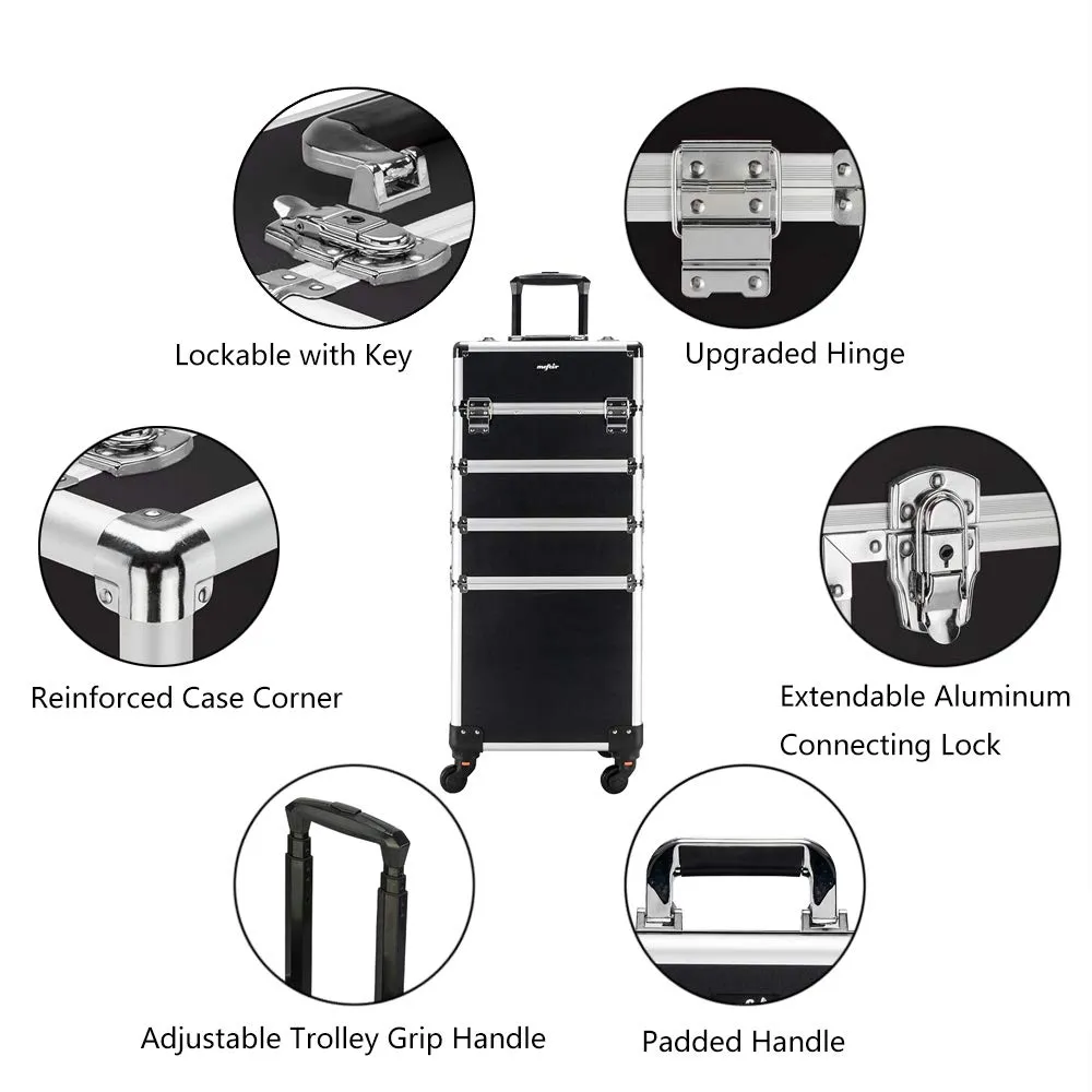 mefeir 4 in 1 Rolling Makeup Train Case, Aluminum Makeup Travel Organizer Cosmetic Case, Cosmetology Display Suitcase on Wheels, Beauty Storage Luggage Lockable w/4 Removable Wheels (Black)