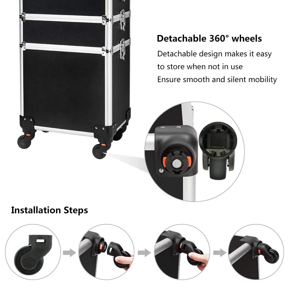 mefeir 4 in 1 Rolling Makeup Train Case, Aluminum Makeup Travel Organizer Cosmetic Case, Cosmetology Display Suitcase on Wheels, Beauty Storage Luggage Lockable w/4 Removable Wheels (Black)