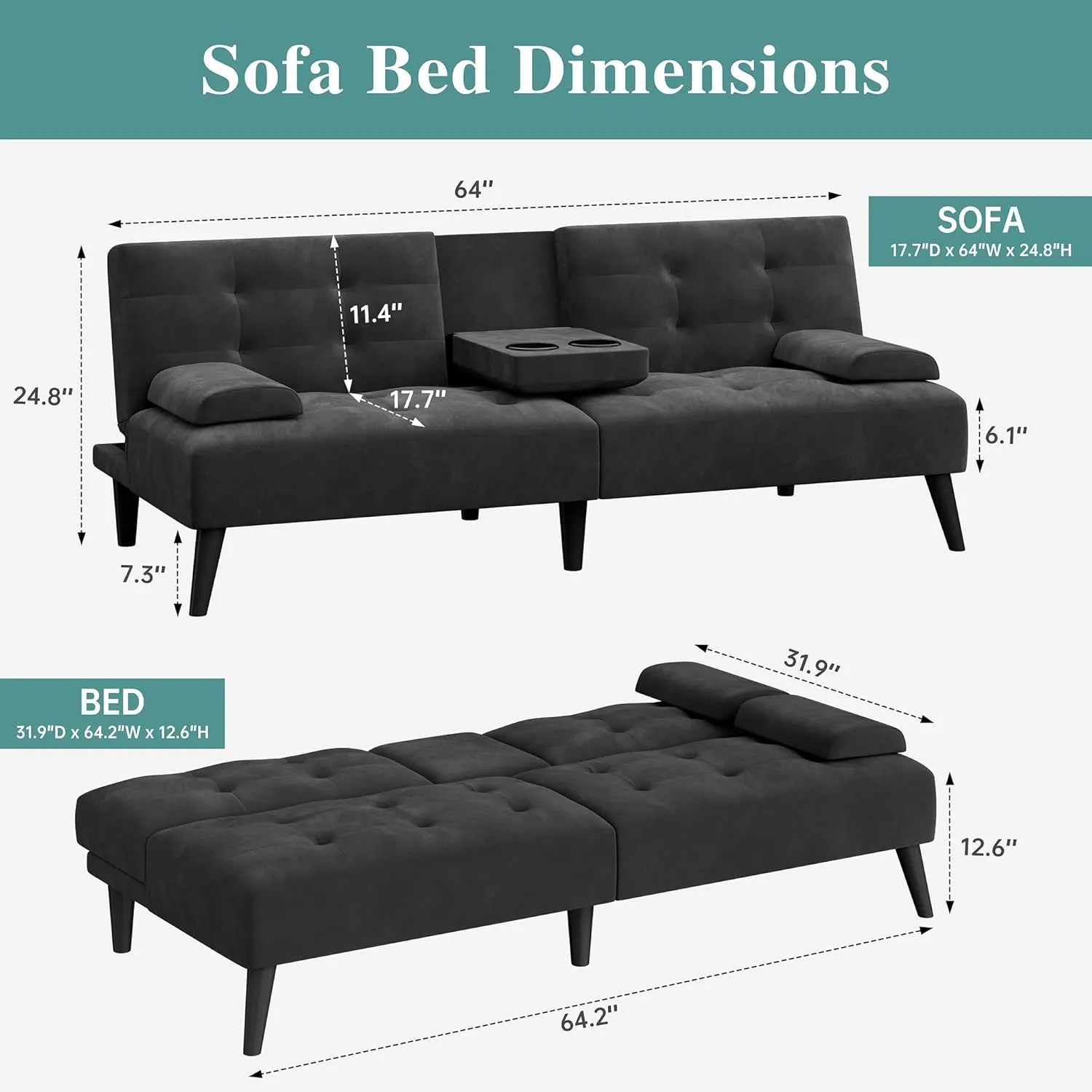 Meilocar Convertible Futon Sofa Bed Couch, Modern Sofa Couch, Adjustable Recliner Sleeper Sofa Bed for Living Room, Removable Armrest Pillow, 2 Cup Holders, 3 Angles, Black