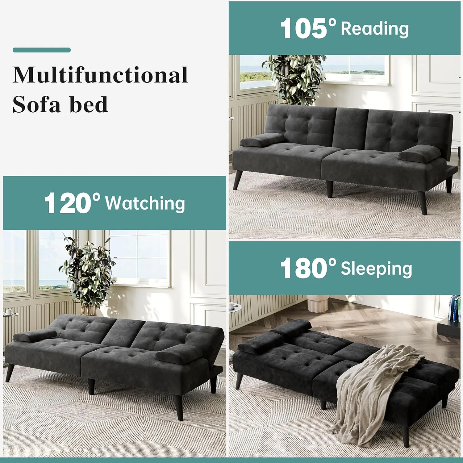 Meilocar Convertible Futon Sofa Bed Couch, Modern Sofa Couch, Adjustable Recliner Sleeper Sofa Bed for Living Room, Removable Armrest Pillow, 2 Cup Holders, 3 Angles, Black