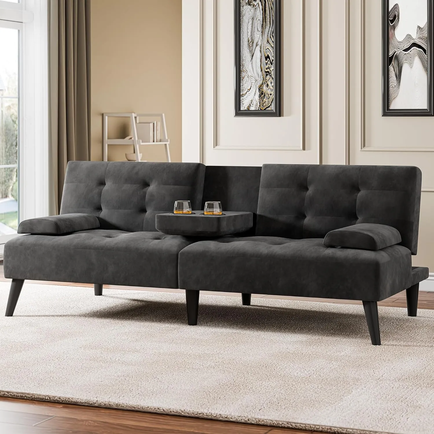 Meilocar Convertible Futon Sofa Bed Couch, Modern Sofa Couch, Adjustable Recliner Sleeper Sofa Bed for Living Room, Removable Armrest Pillow, 2 Cup Holders, 3 Angles, Black