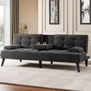 Meilocar Convertible Futon Sofa Bed Couch, Modern Sofa Couch, Adjustable Recliner Sleeper Sofa Bed for Living Room, Removable Armrest Pillow, 2 Cup Holders, 3 Angles, Black