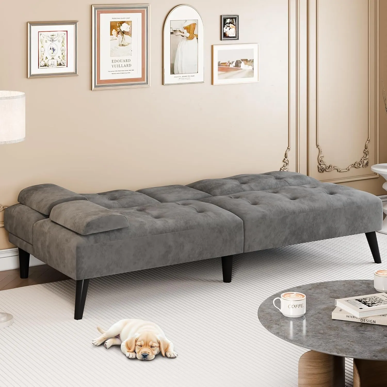 Meilocar Convertible Futon Sofa Bed Couch, Modern Sofa Couch, Adjustable Recliner Sofa Bed for Living Room, Removable Armrest Pillow, 2 Cup Holders, Dark Grey