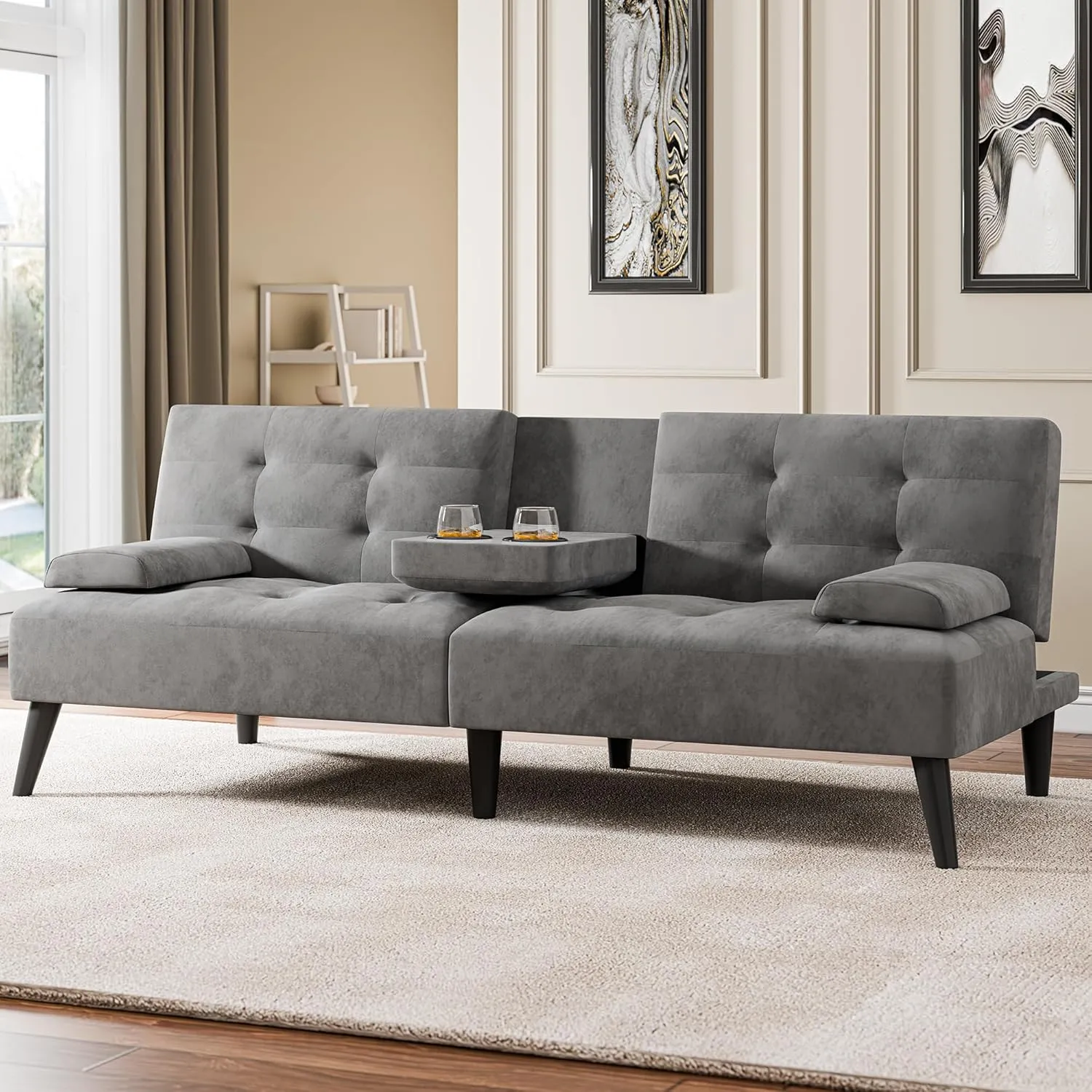 Meilocar Convertible Futon Sofa Bed Couch, Modern Sofa Couch, Adjustable Recliner Sofa Bed for Living Room, Removable Armrest Pillow, 2 Cup Holders, Dark Grey