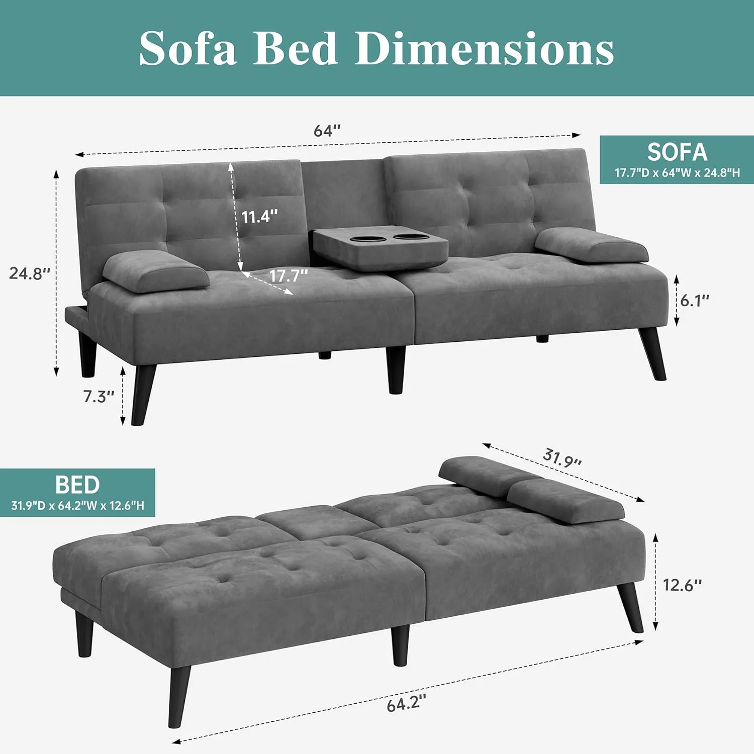 Meilocar Convertible Futon Sofa Bed Couch, Modern Sofa Couch, Adjustable Recliner Sofa Bed for Living Room, Removable Armrest Pillow, 2 Cup Holders, Dark Grey