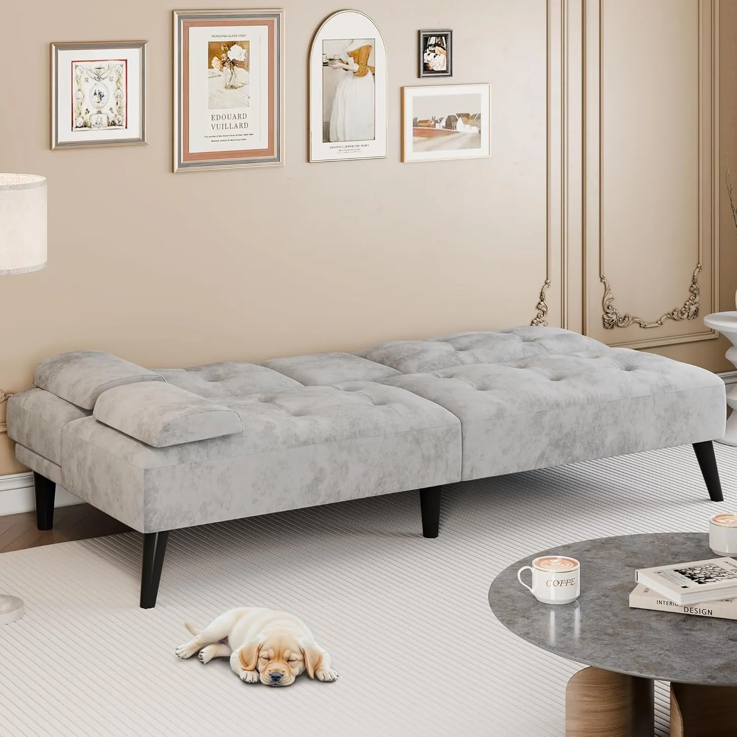 Meilocar Futon Sofa Bed, Modern Sofa Couch, Adjustable Recliner Sofa Bed for Living Room, Office, Removable Armrest, 2 Cup Holders, Adjustable Backrest, Light Grey