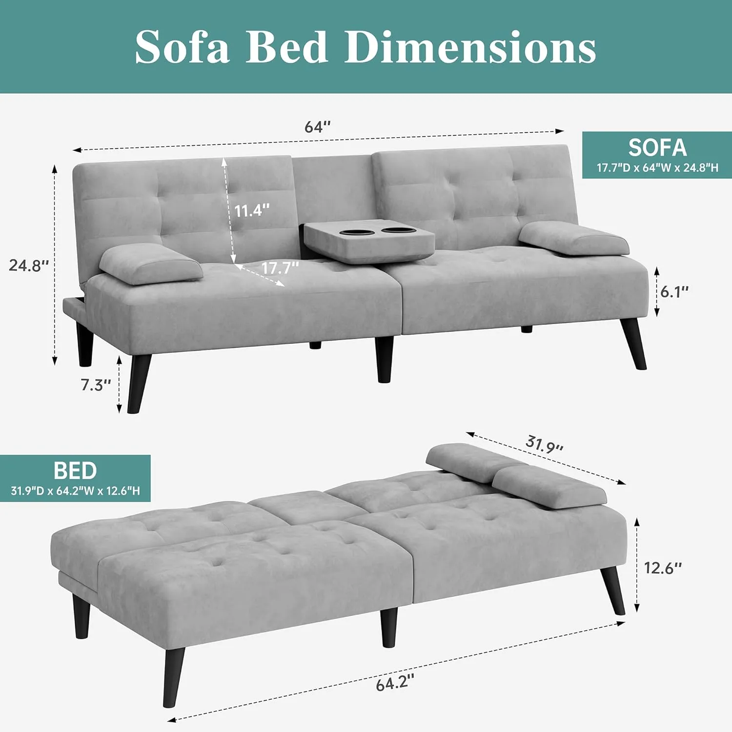 Meilocar Futon Sofa Bed, Modern Sofa Couch, Adjustable Recliner Sofa Bed for Living Room, Office, Removable Armrest, 2 Cup Holders, Adjustable Backrest, Light Grey