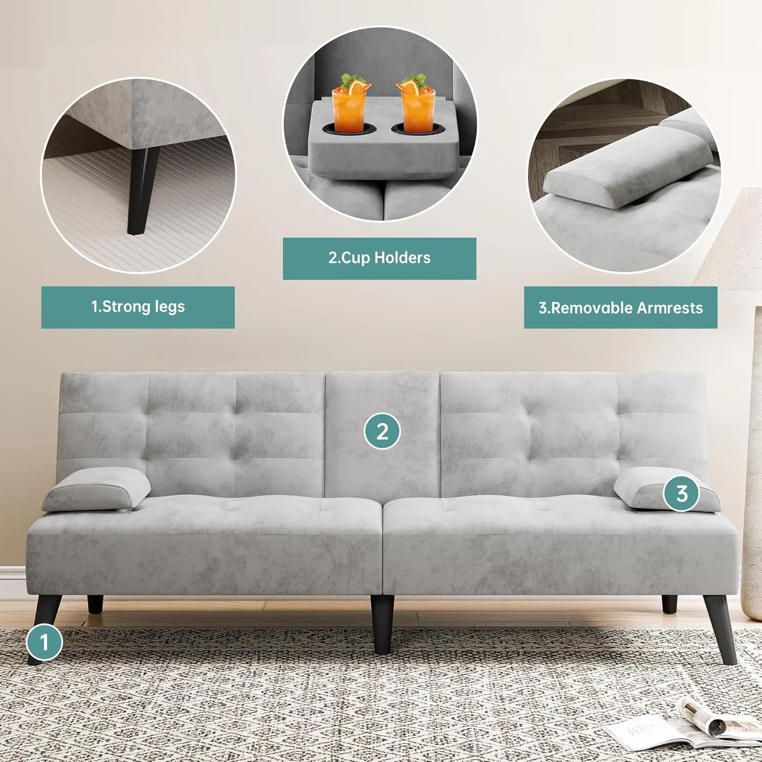 Meilocar Futon Sofa Bed, Modern Sofa Couch, Adjustable Recliner Sofa Bed for Living Room, Office, Removable Armrest, 2 Cup Holders, Adjustable Backrest, Light Grey