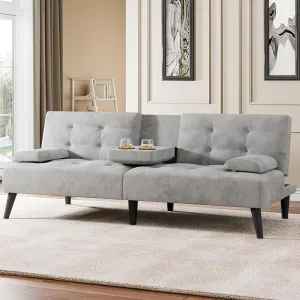 Meilocar Futon Sofa Bed, Modern Sofa Couch, Adjustable Recliner Sofa Bed for Living Room, Office, Removable Armrest, 2 Cup Holders, Adjustable Backrest, Light Grey