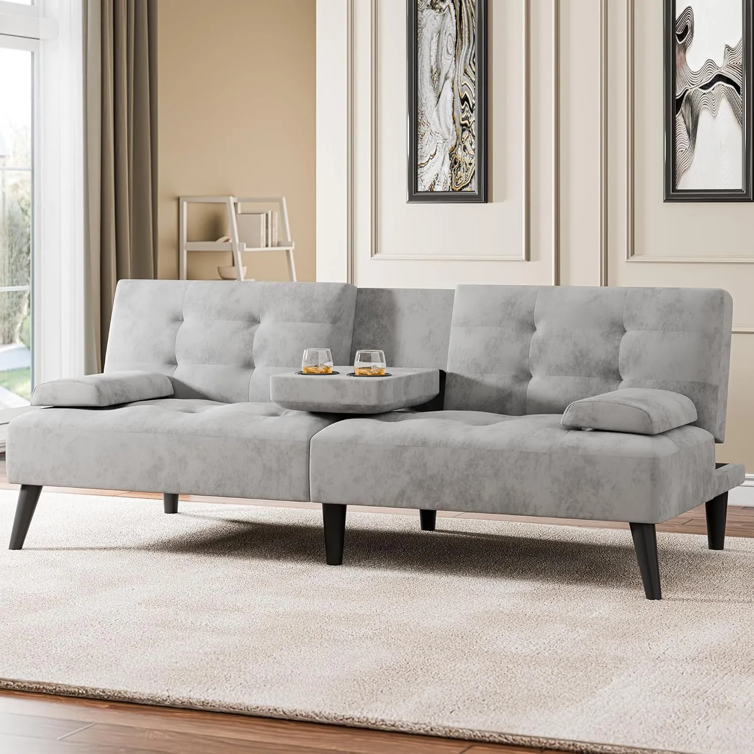 Meilocar Futon Sofa Bed, Modern Sofa Couch, Adjustable Recliner Sofa Bed for Living Room, Office, Removable Armrest, 2 Cup Holders, Adjustable Backrest, Light Grey