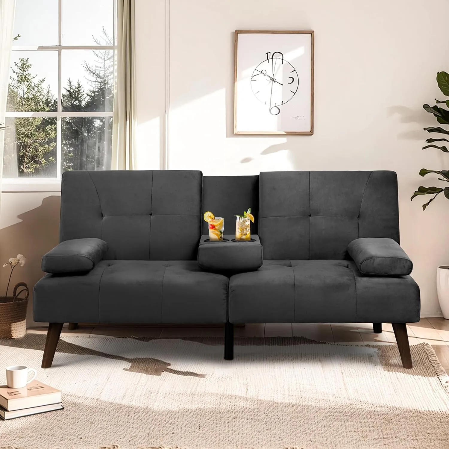 Meilocar Futon Sofa Bed Velvet, 60" Loveseat Futon Sofa Bed with Removable Armrests, Adjustable Recliner Guest Room, Small Space with Cup Holders, 3 Angles, Black