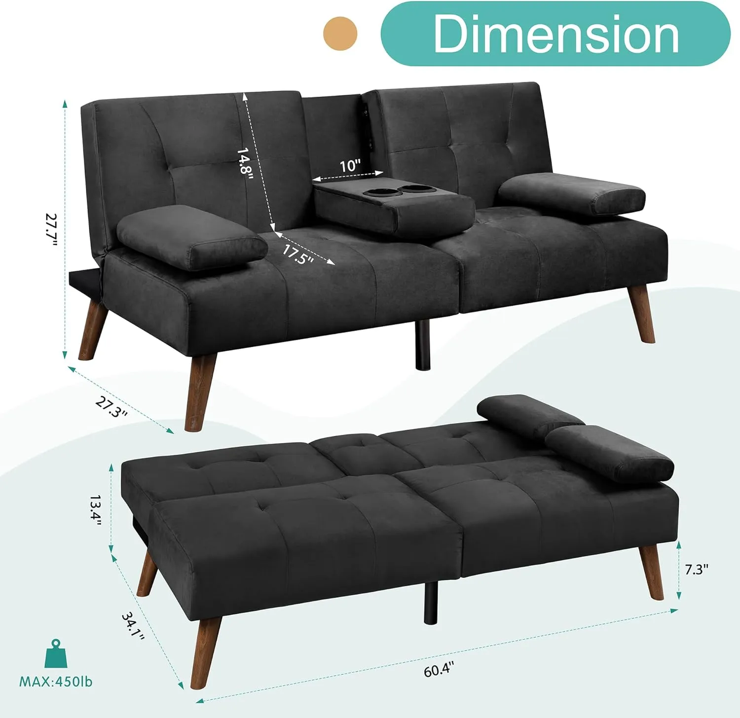 Meilocar Futon Sofa Bed Velvet, 60" Loveseat Futon Sofa Bed with Removable Armrests, Adjustable Recliner Guest Room, Small Space with Cup Holders, 3 Angles, Black
