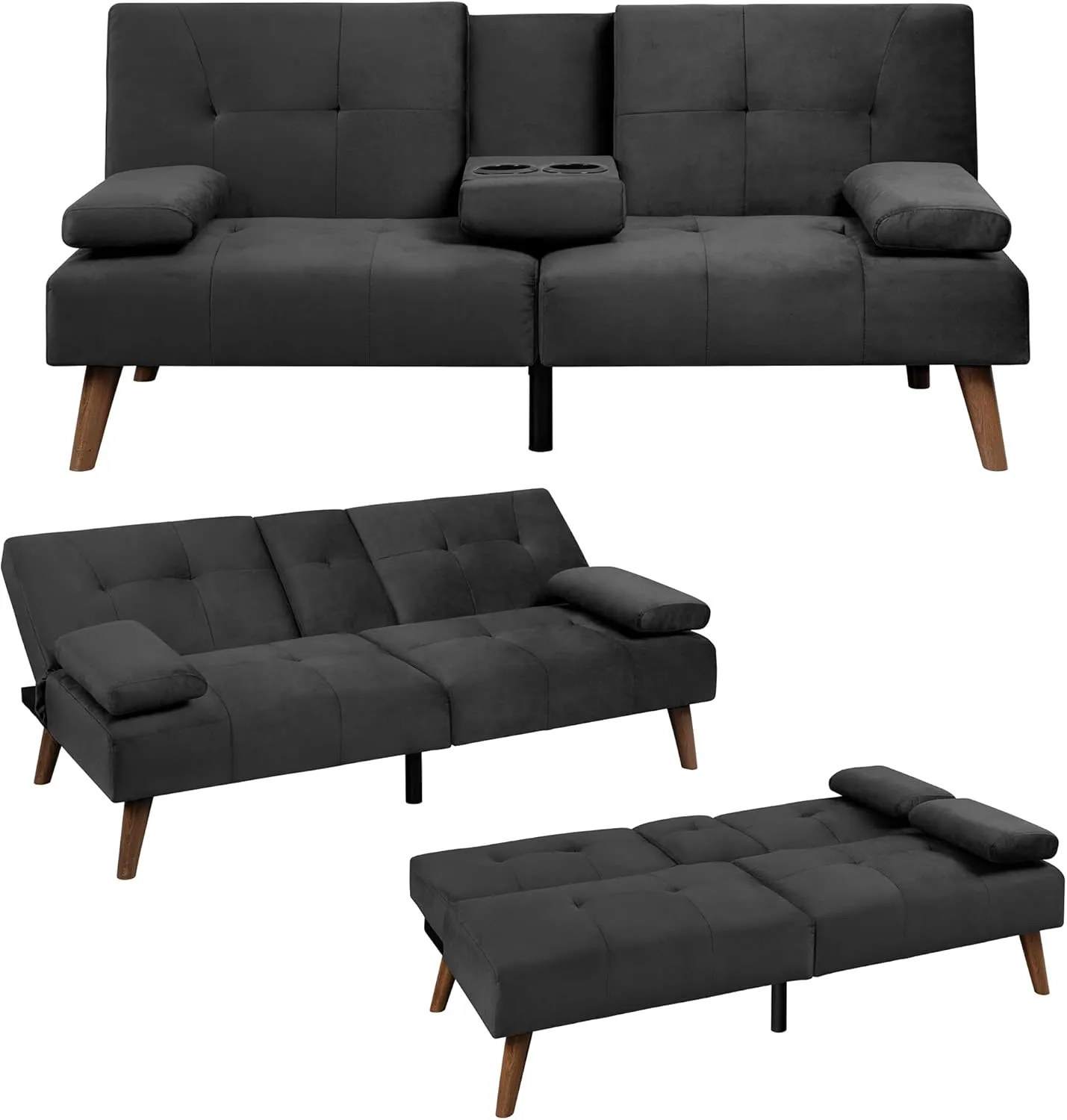 Meilocar Futon Sofa Bed Velvet, 60" Loveseat Futon Sofa Bed with Removable Armrests, Adjustable Recliner Guest Room, Small Space with Cup Holders, 3 Angles, Black