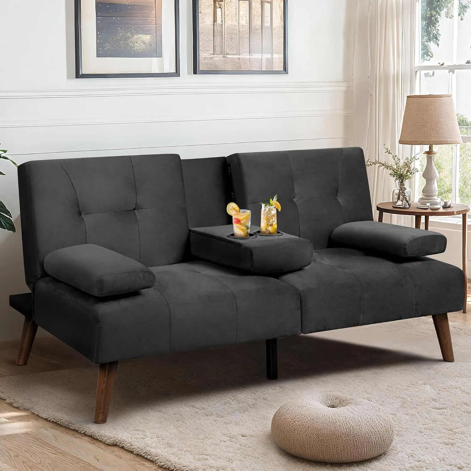 Meilocar Futon Sofa Bed Velvet, 60" Loveseat Futon Sofa Bed with Removable Armrests, Adjustable Recliner Guest Room, Small Space with Cup Holders, 3 Angles, Black