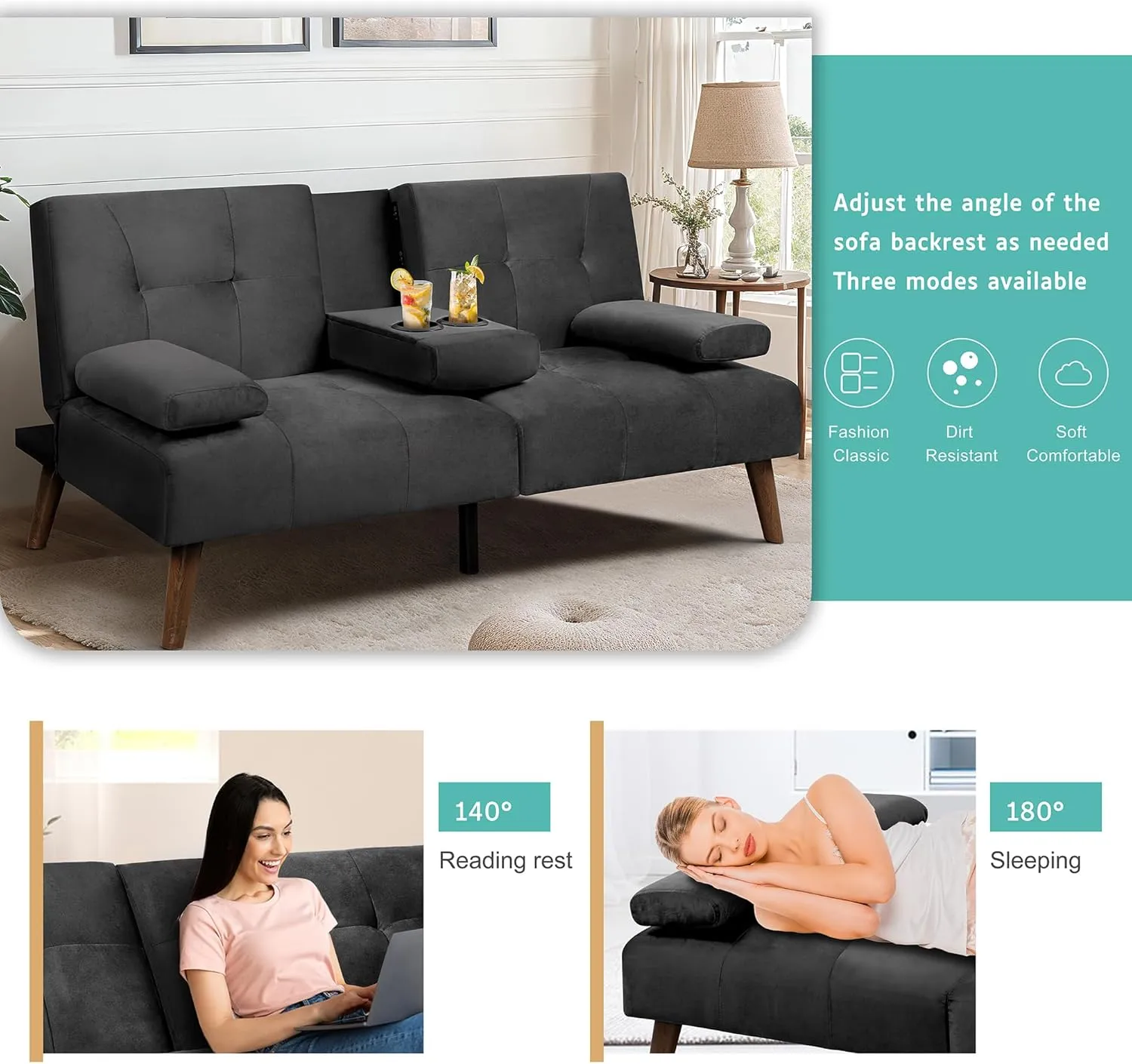Meilocar Futon Sofa Bed Velvet, 60" Loveseat Futon Sofa Bed with Removable Armrests, Adjustable Recliner Guest Room, Small Space with Cup Holders, 3 Angles, Black