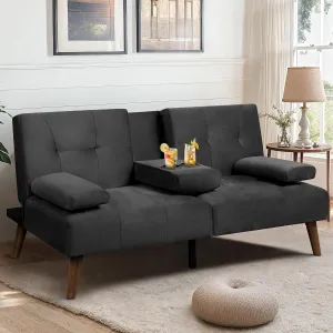 Meilocar Futon Sofa Bed Velvet, 60" Loveseat Futon Sofa Bed with Removable Armrests, Adjustable Recliner Guest Room, Small Space with Cup Holders, 3 Angles, Black
