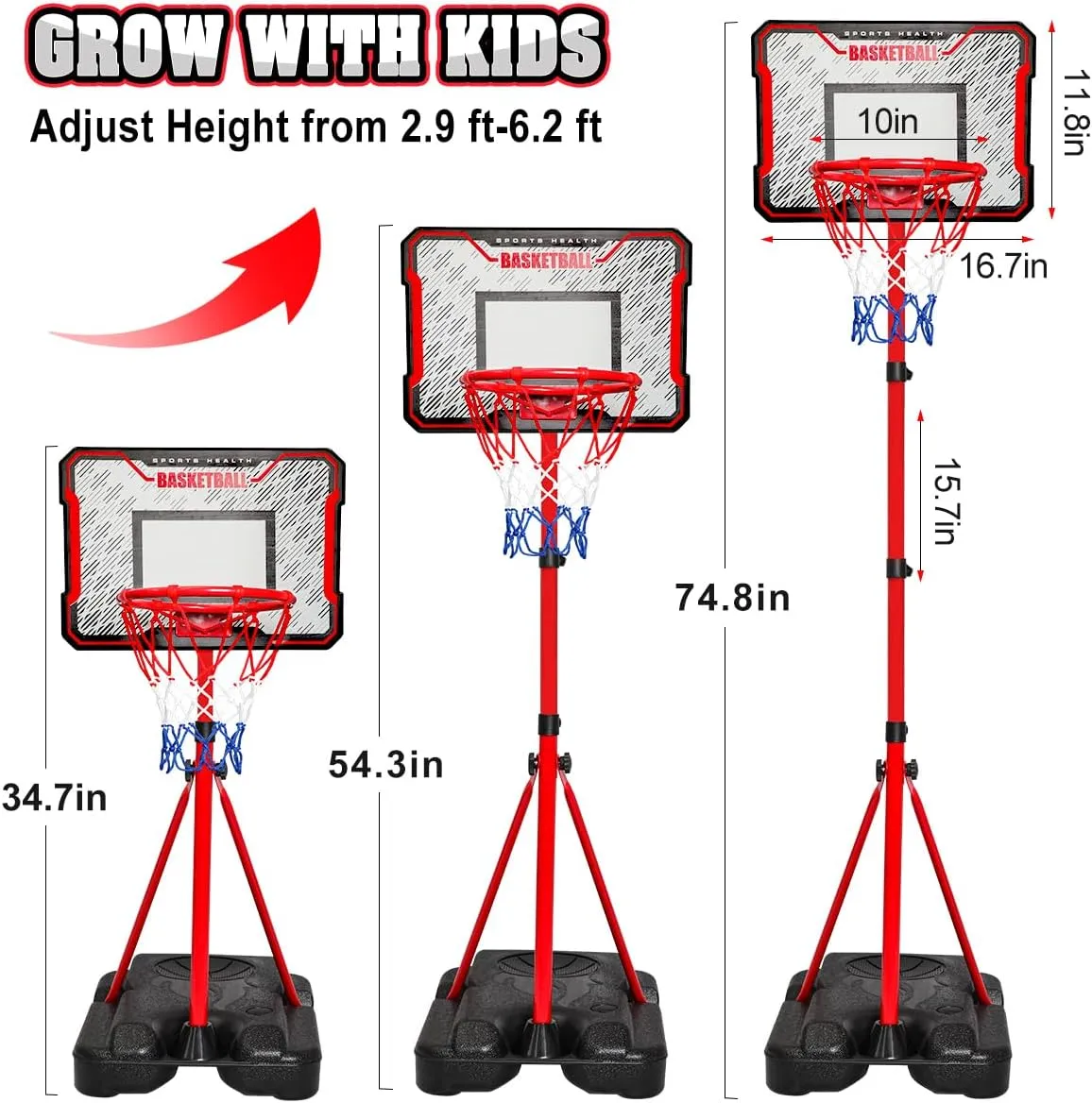 Meland Kids Basketball Hoop - Adjustable Height 2.9ft-6.2ft Toddler for Kids, Goal Indoor & Outdoor Toys Backyard Outside Boys Age 3 4 5 6 7 8 Years Gift