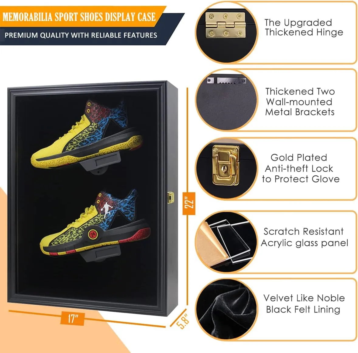 Memorabilia Sports Shoes Display Frame Case Lockable Wall Mount Wooden Cleat Sneaker Cabinet Storage Shelves Box for Football Basketball Sports Shoes Display with Anti-Fade UV Protection Acrylic Door