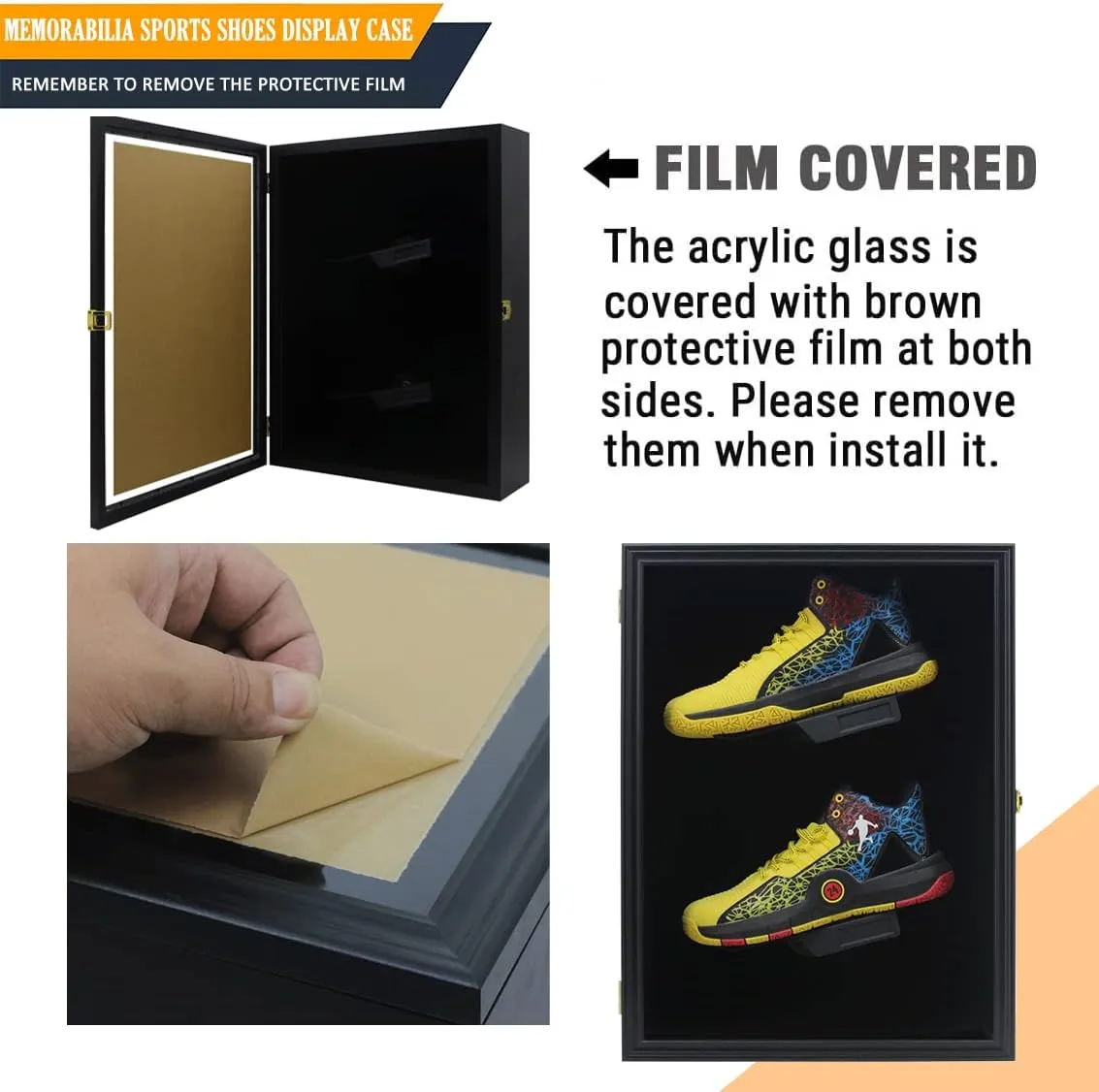 Memorabilia Sports Shoes Display Frame Case Lockable Wall Mount Wooden Cleat Sneaker Cabinet Storage Shelves Box for Football Basketball Sports Shoes Display with Anti-Fade UV Protection Acrylic Door