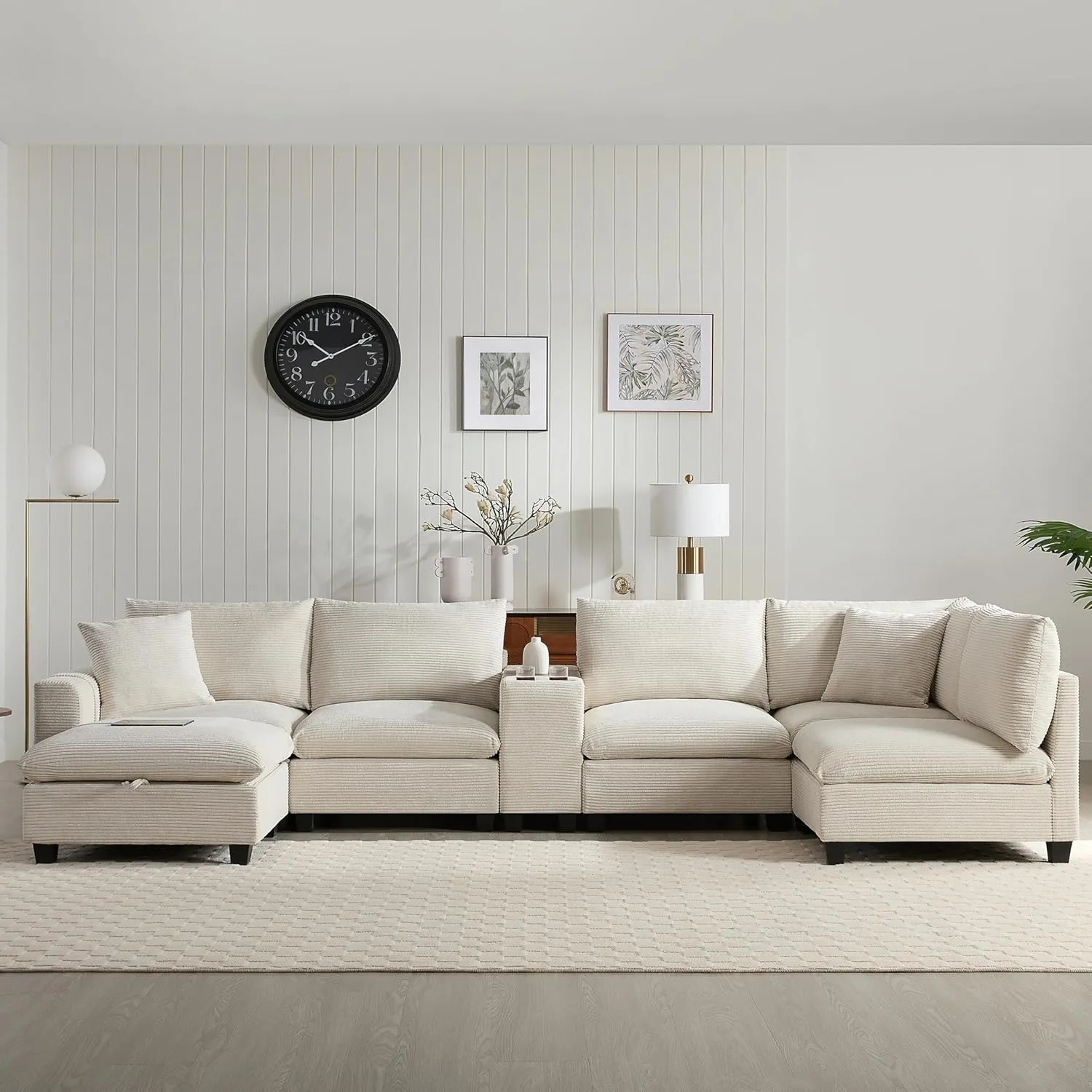 Merax 140'' Oversized Modular Sectional Sofa with Storage Ottoman and Console, Removable Storage Pockets, Cup Holder, Wide Seat, USB Charger, 6 Seat U Shaped Chenille Couch Set for Living Room, Beige