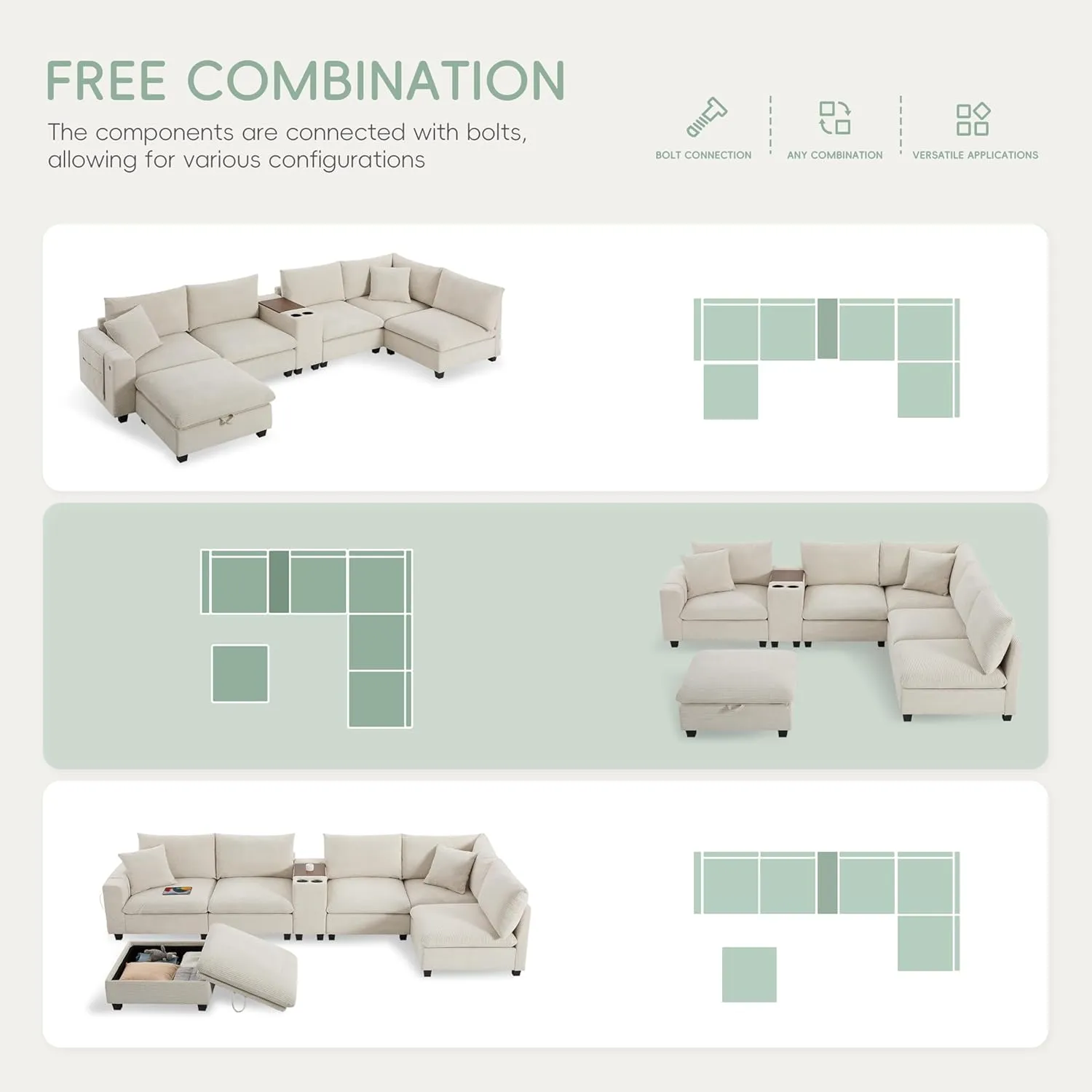 Merax 140'' Oversized Modular Sectional Sofa with Storage Ottoman and Console, Removable Storage Pockets, Cup Holder, Wide Seat, USB Charger, 6 Seat U Shaped Chenille Couch Set for Living Room, Beige