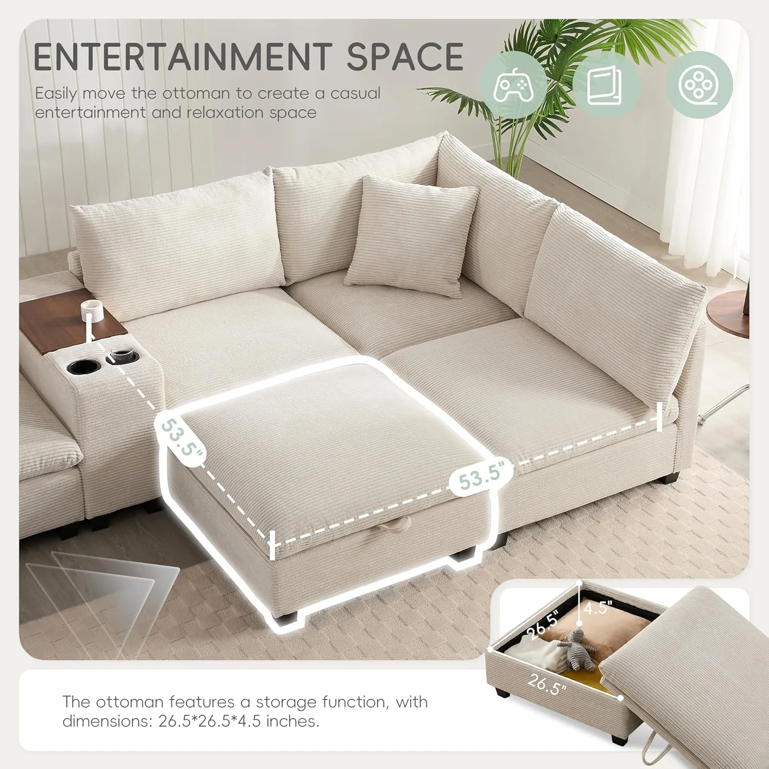 Merax 140'' Oversized Modular Sectional Sofa with Storage Ottoman and Console, Removable Storage Pockets, Cup Holder, Wide Seat, USB Charger, 6 Seat U Shaped Chenille Couch Set for Living Room, Beige