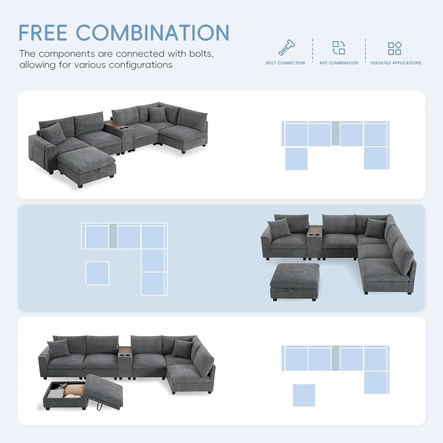 Merax 140'' Oversized Modular Sectional Sofa with Storage Ottoman and Console, Removable Storage Pockets, Cup Holder, Wide Seat, USB Charger, 6 Seat U Shaped Chenille Couch Set for Living Room, Gray