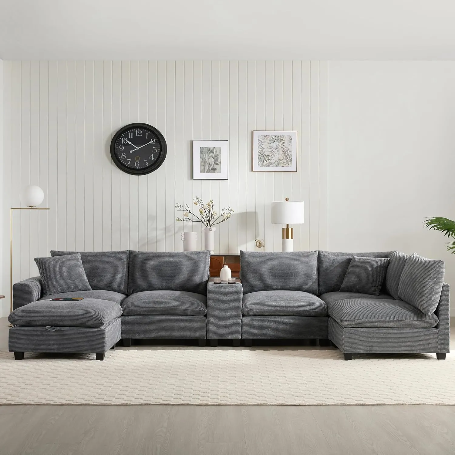 Merax 140'' Oversized Modular Sectional Sofa with Storage Ottoman and Console, Removable Storage Pockets, Cup Holder, Wide Seat, USB Charger, 6 Seat U Shaped Chenille Couch Set for Living Room, Gray