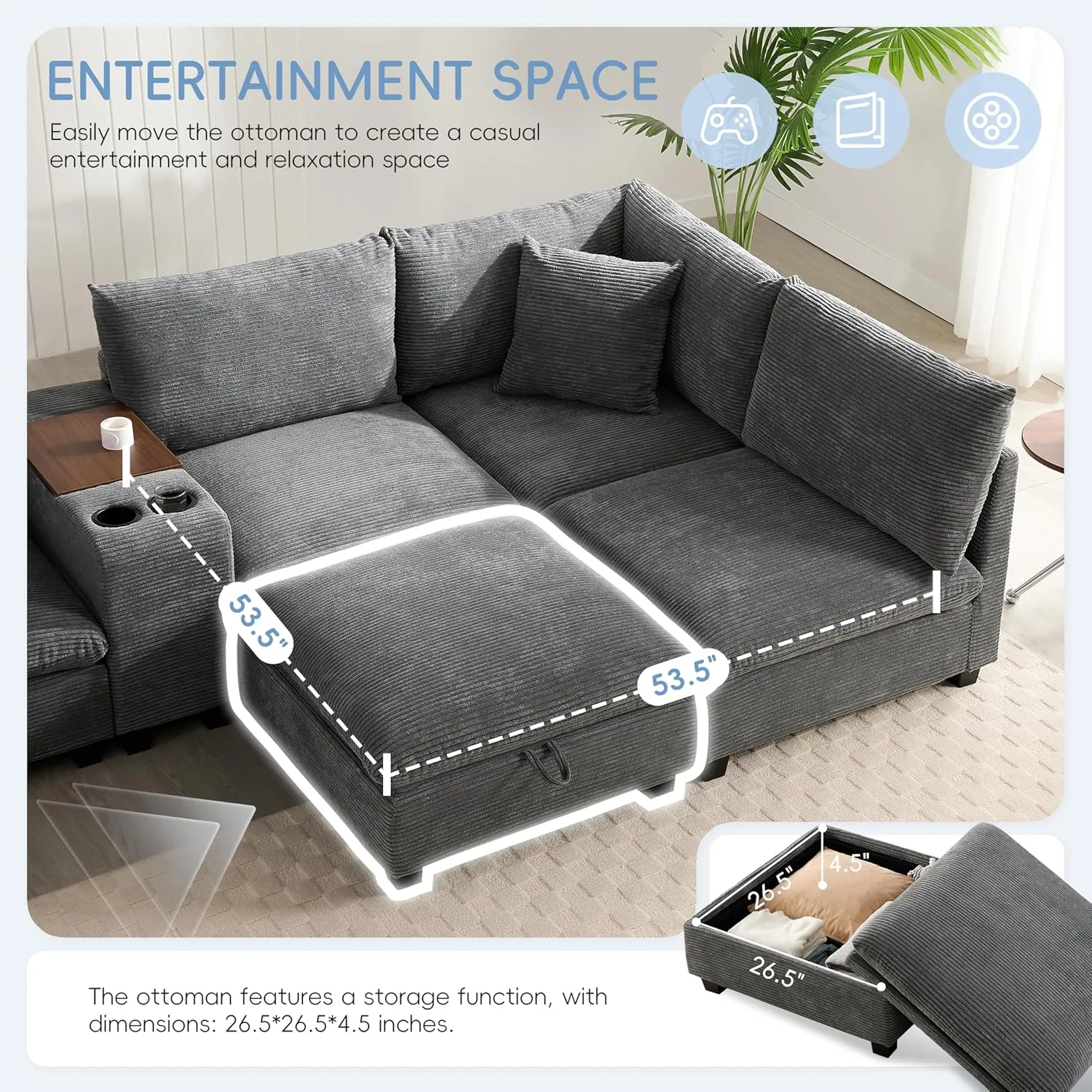 Merax 140'' Oversized Modular Sectional Sofa with Storage Ottoman and Console, Removable Storage Pockets, Cup Holder, Wide Seat, USB Charger, 6 Seat U Shaped Chenille Couch Set for Living Room, Gray