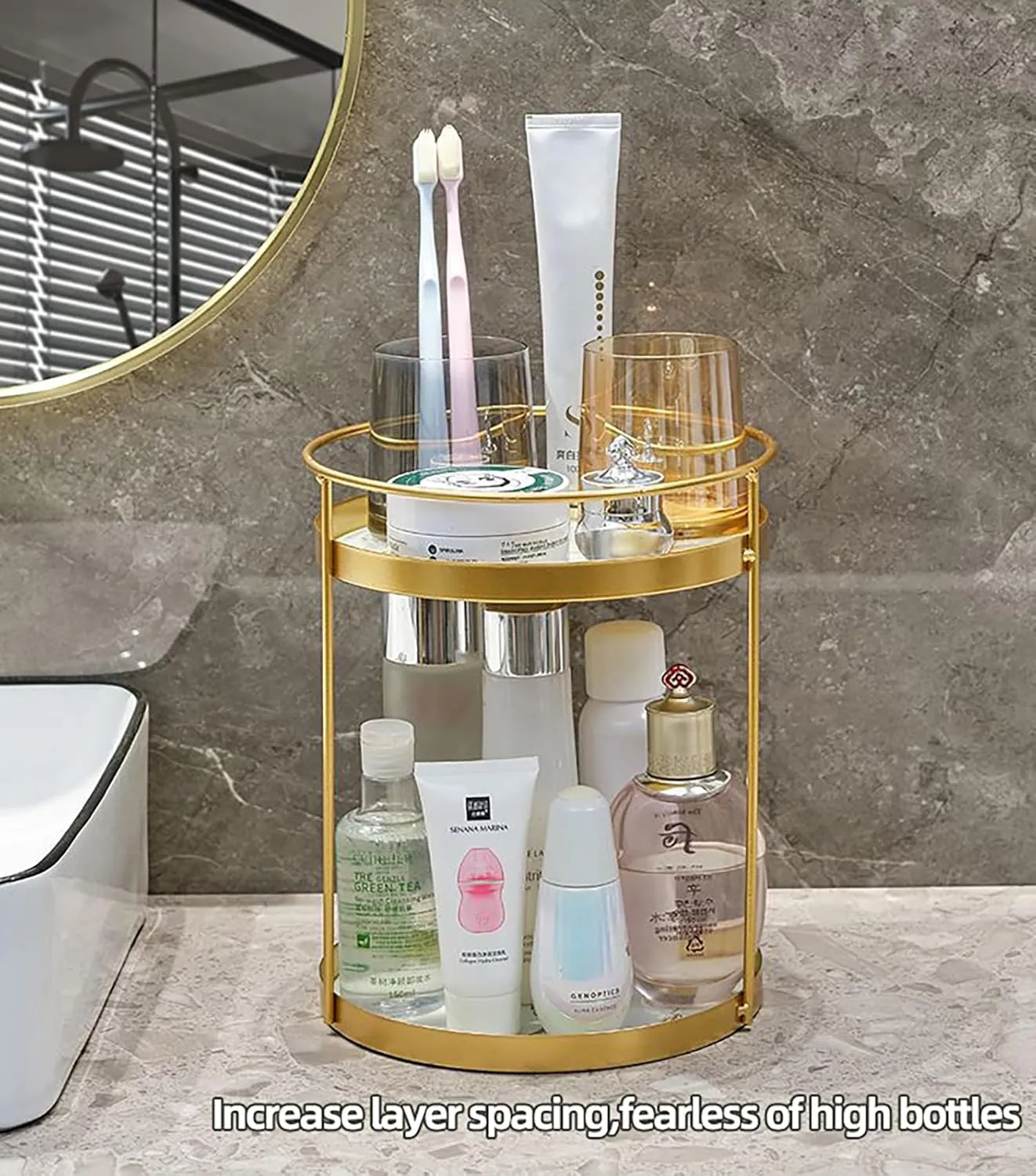 Metal Makeup Organizer for Vanity,Gold Perfume Organizer for Dresser- 2 Tier,Bathroom Countertop Skincare Organizer, Makeup Counter Shelf Perfume Holder Rack,Cosmetic Display Case (Gold, 2 Tier)
