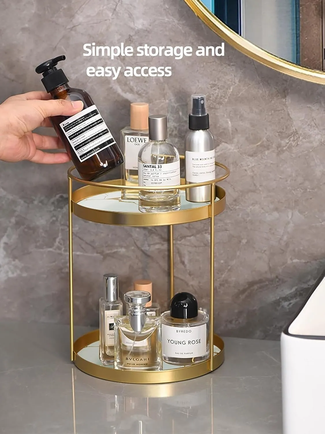 Metal Makeup Organizer for Vanity,Gold Perfume Organizer for Dresser- 2 Tier,Bathroom Countertop Skincare Organizer, Makeup Counter Shelf Perfume Holder Rack,Cosmetic Display Case (Gold, 2 Tier)