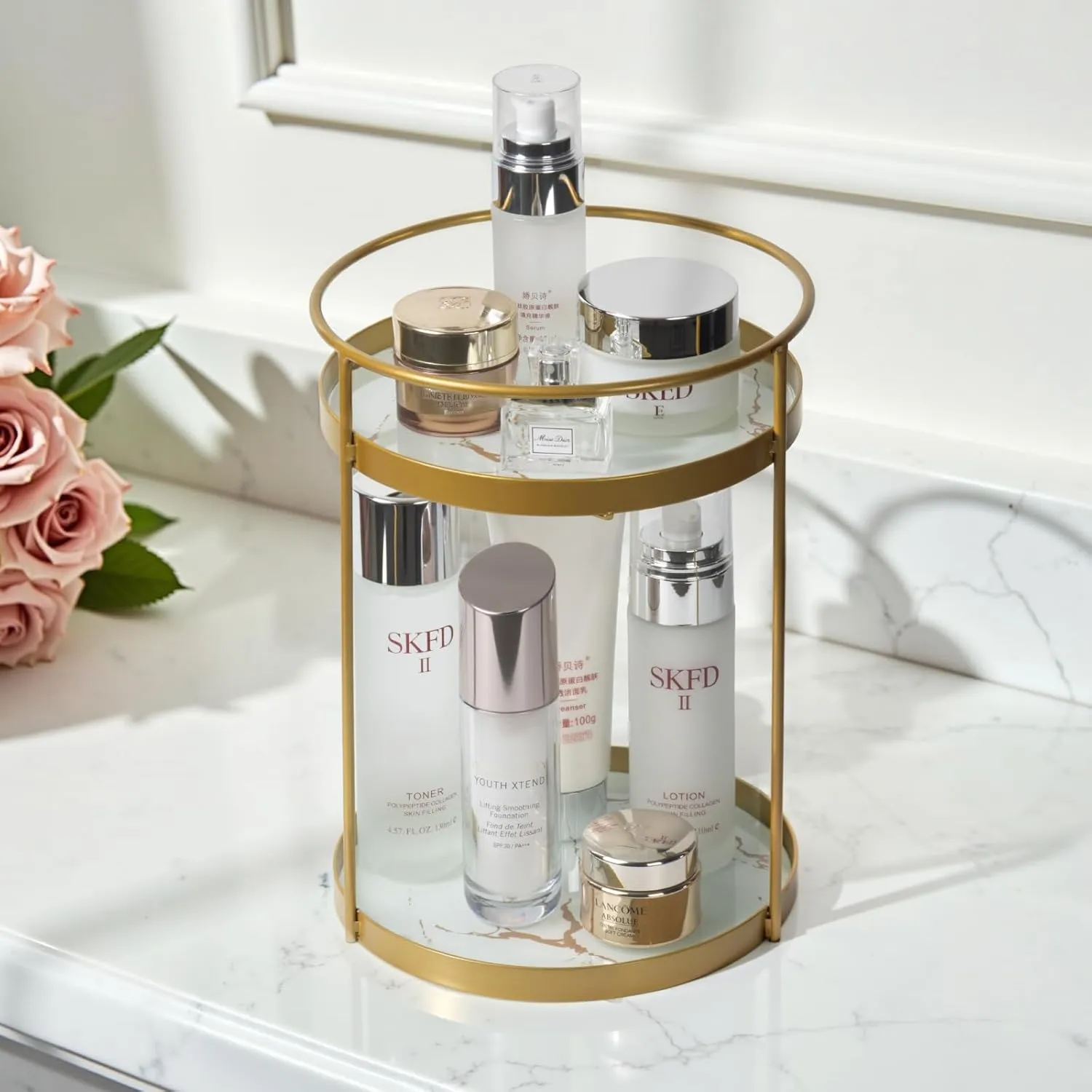 Metal Makeup Organizer for Vanity,Gold Perfume Organizer for Dresser- 2 Tier,Bathroom Countertop Skincare Organizer, Makeup Counter Shelf Perfume Holder Rack,Cosmetic Display Case (Gold, 2 Tier)