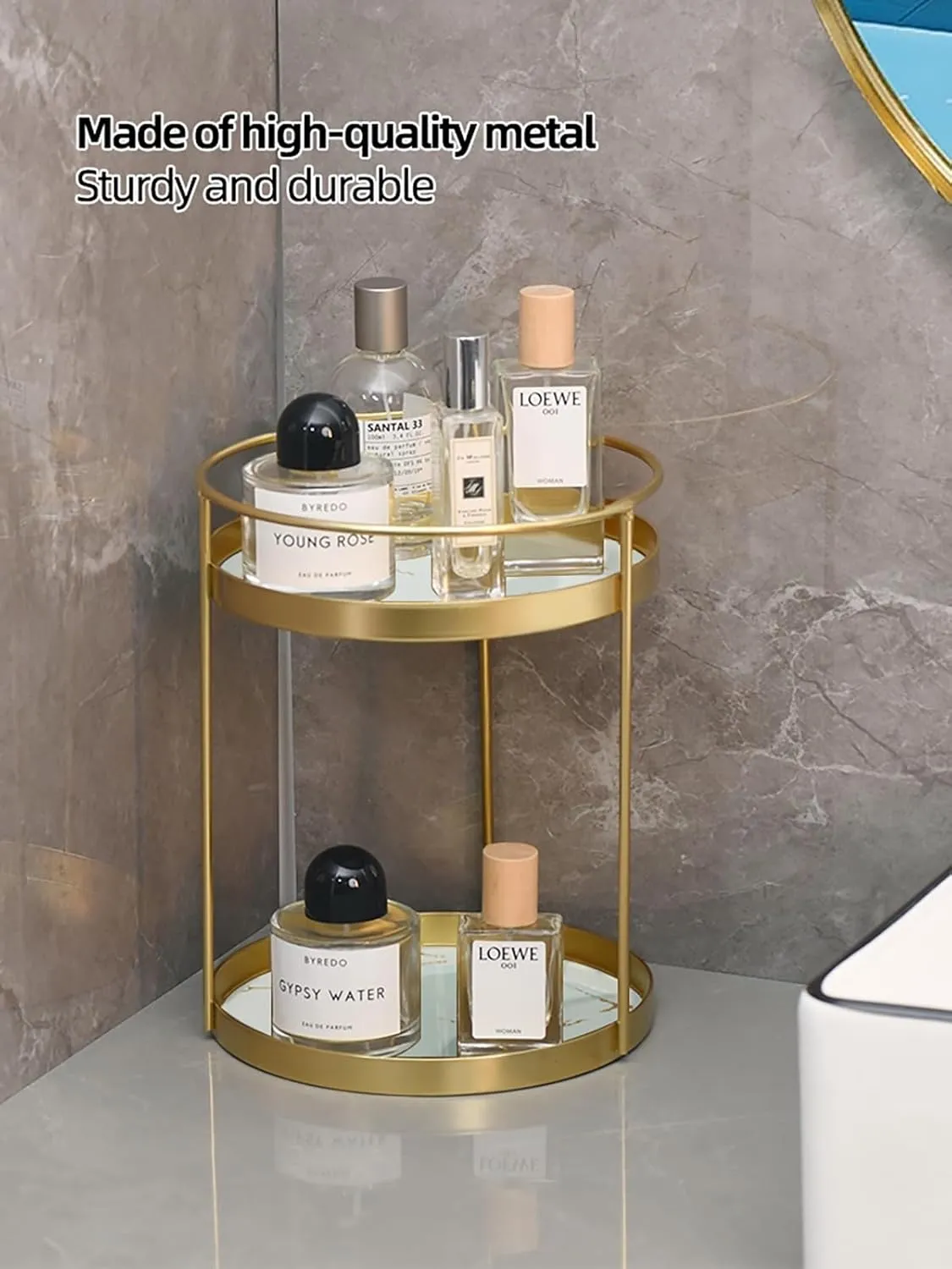 Metal Makeup Organizer for Vanity,Gold Perfume Organizer for Dresser- 2 Tier,Bathroom Countertop Skincare Organizer, Makeup Counter Shelf Perfume Holder Rack,Cosmetic Display Case (Gold, 2 Tier)