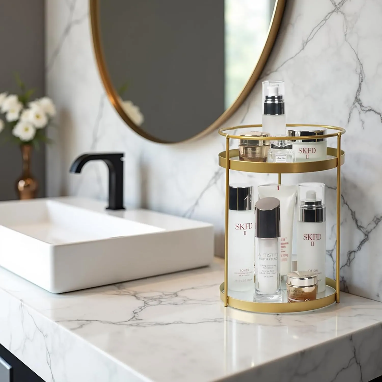 Metal Makeup Organizer for Vanity,Gold Perfume Organizer for Dresser- 2 Tier,Bathroom Countertop Skincare Organizer, Makeup Counter Shelf Perfume Holder Rack,Cosmetic Display Case (Gold, 2 Tier)