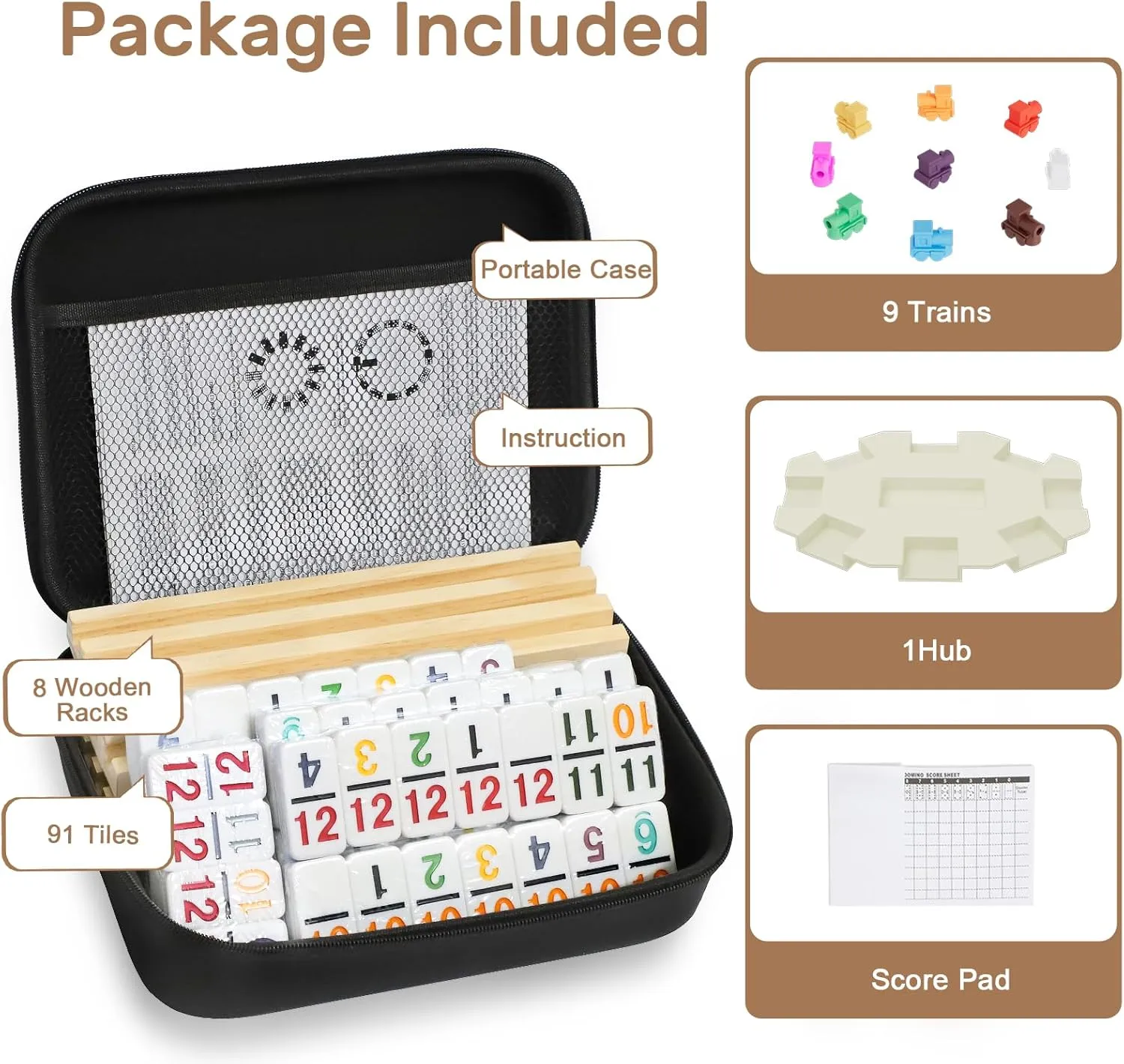 Mexican Train Dominoes Set with Numbers and 8 Wooden Trays/Racks, Double 12 Dominos Travel Set with 8 Tiles Holders, 91 Tiles Double 12 Colored Dominoes Game Set with Portable Case for Families Kids