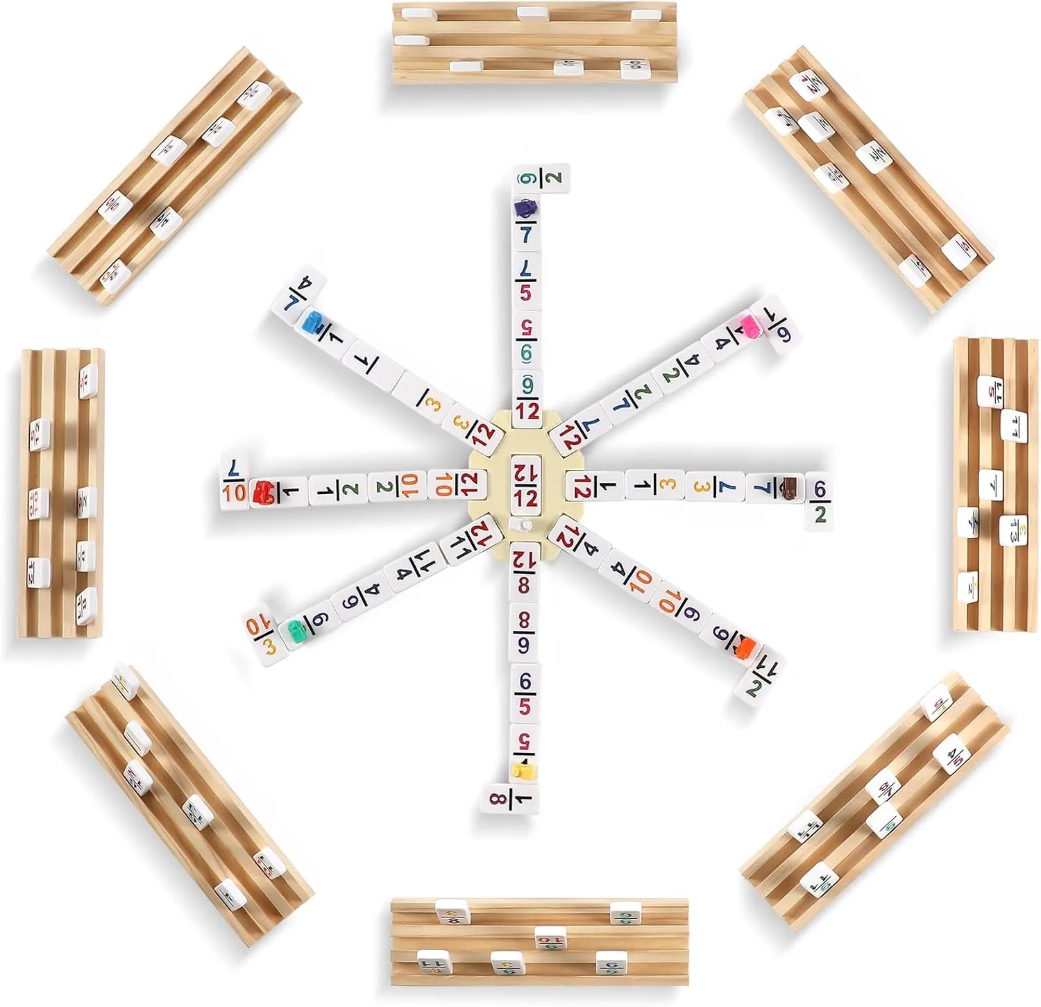 Mexican Train Dominoes Set with Numbers and 8 Wooden Trays/Racks, Double 12 Dominos Travel Set with 8 Tiles Holders, 91 Tiles Double 12 Colored Dominoes Game Set with Portable Case for Families Kids
