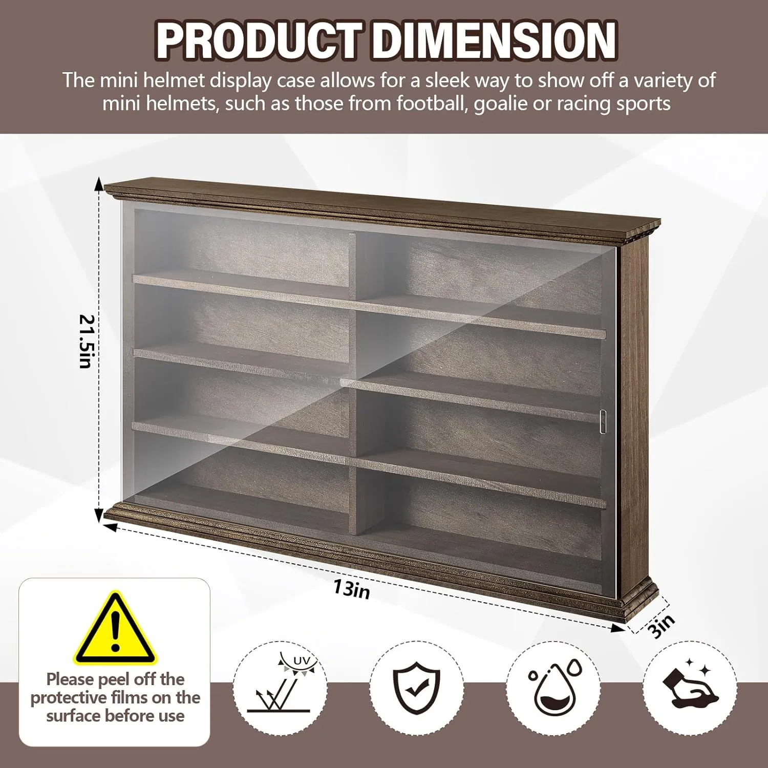 Mini Helmet Display Case Cabinet Holders Wall Mount Rack for Football Baseball Helmet, Natural Wood Frame with Clear Acrylic Door UV Protection, 21.5 x 13 x 3 Inches(Walnut)