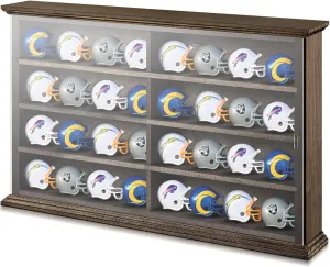 Mini Helmet Display Case Cabinet Holders Wall Mount Rack for Football Baseball Helmet, Natural Wood Frame with Clear Acrylic Door UV Protection, 21.5 x 13 x 3 Inches(Walnut)