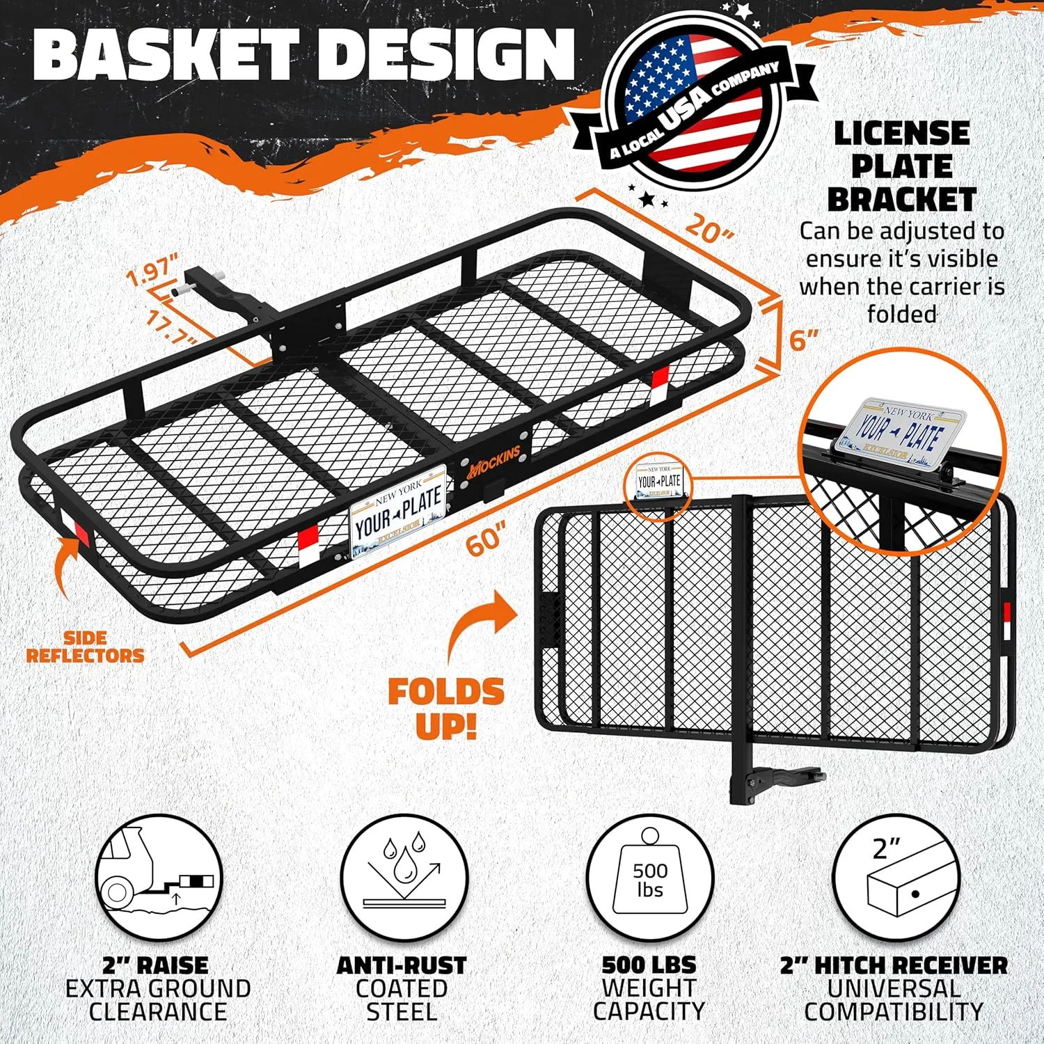 Mockins 60"x20"x6" Folding Trailer Hitch Cargo Carrier w/ 20 Cu Ft Waterproof Cargo Bag for Hitch Carrier | 500 Lbs. Cap All-Weather Cargo Carrier Hitch Mount Rack & Vinyl Vehicle Soft-Shell Carriers