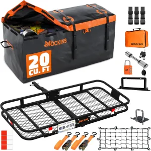 Mockins 60"x20"x6" Folding Trailer Hitch Cargo Carrier w/ 20 Cu Ft Waterproof Cargo Bag for Hitch Carrier | 500 Lbs. Cap All-Weather Cargo Carrier Hitch Mount Rack & Vinyl Vehicle Soft-Shell Carriers