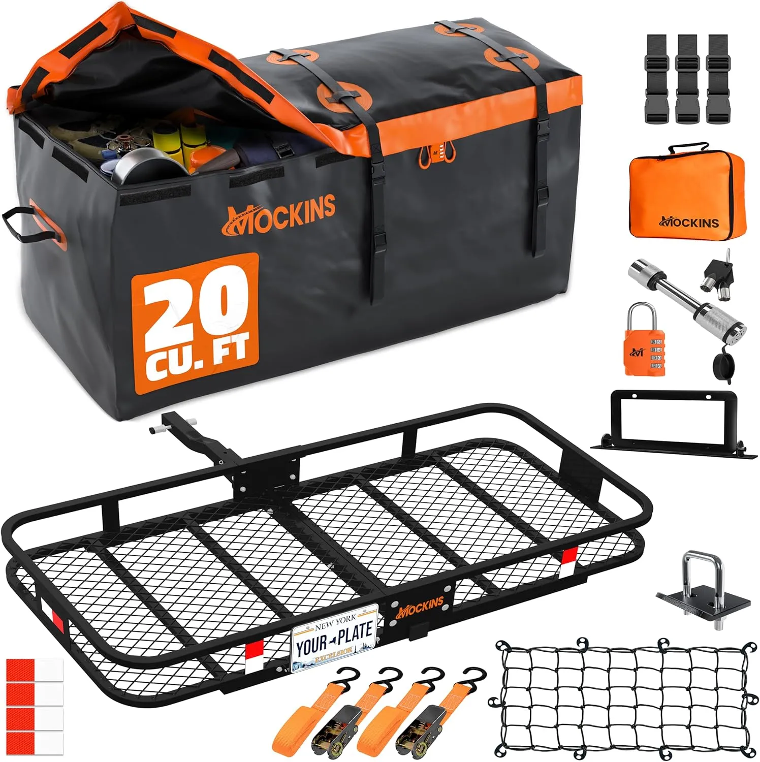 Mockins 60"x20"x6" Folding Trailer Hitch Cargo Carrier w/ 20 Cu Ft Waterproof Cargo Bag for Hitch Carrier | 500 Lbs. Cap All-Weather Cargo Carrier Hitch Mount Rack & Vinyl Vehicle Soft-Shell Carriers