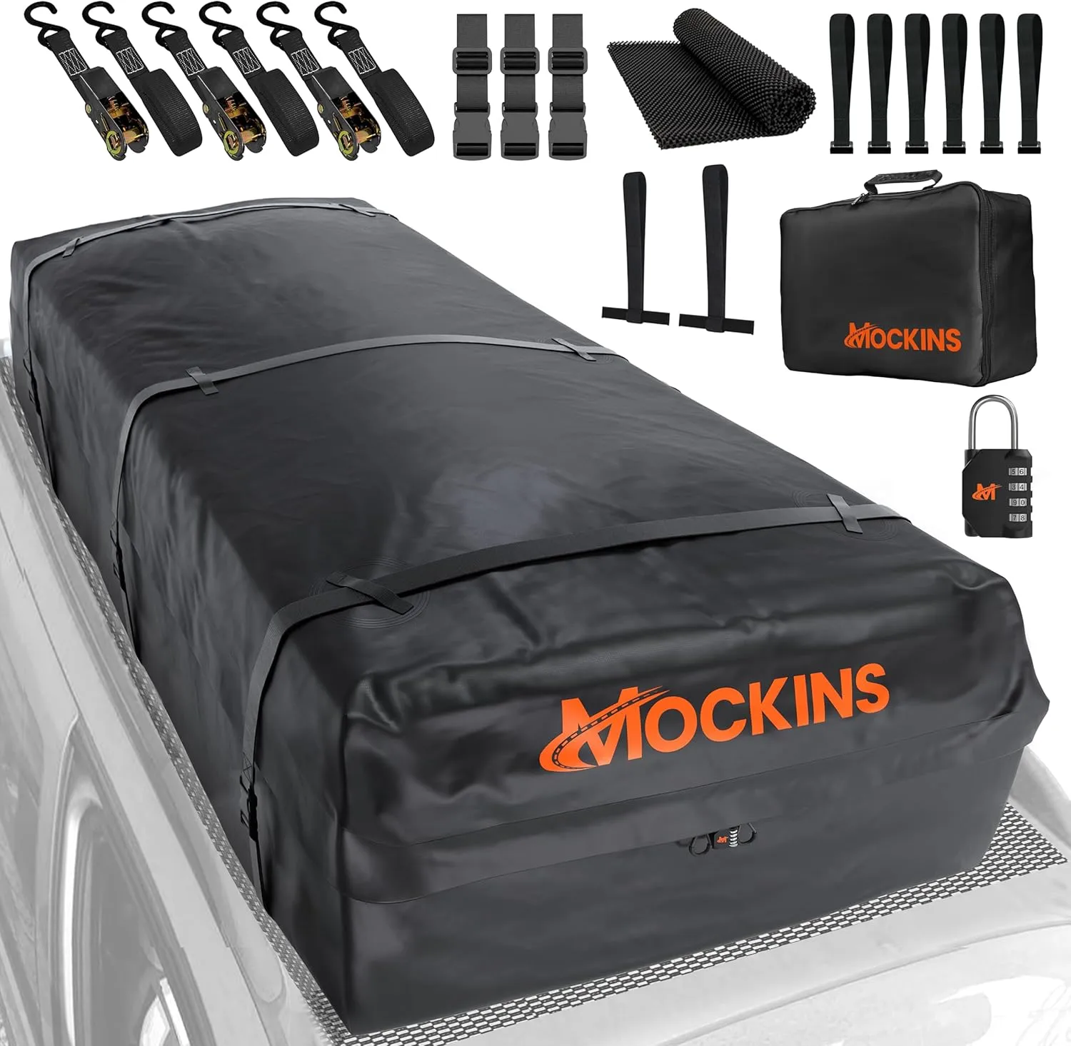 Mockins XXL 50 Cu Ft Waterproof Rooftop Cargo Carrier Bag | 85"x50"x20" All-Weather Car Roof Bag | Soft-Shell Vinyl Rooftop Cargo Bag for Top of Car Storage | Universal Roof Rack Bag w/Accessories