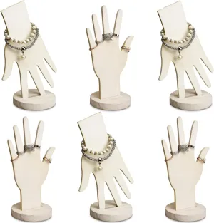 MOOCA 6 Pcs Real Wooden Hand Form Jewelry Display Set, 2 Way Design for Wall Hanging or Standalone Mannequin Finger Hand Display, Premium Real Wood Sturdy Base, Wash White Color