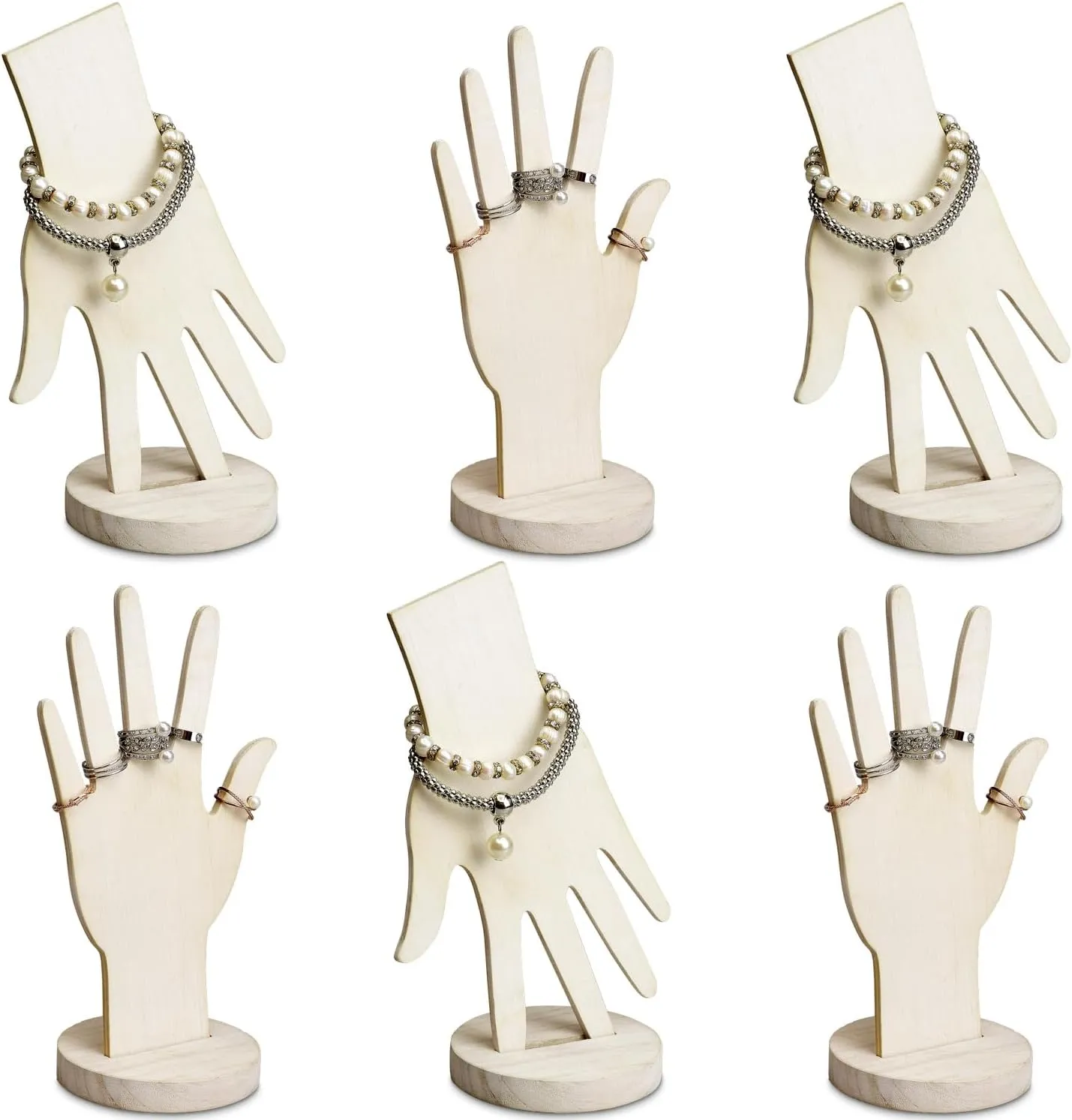 MOOCA 6 Pcs Real Wooden Hand Form Jewelry Display Set, 2 Way Design for Wall Hanging or Standalone Mannequin Finger Hand Display, Premium Real Wood Sturdy Base, Wash White Color