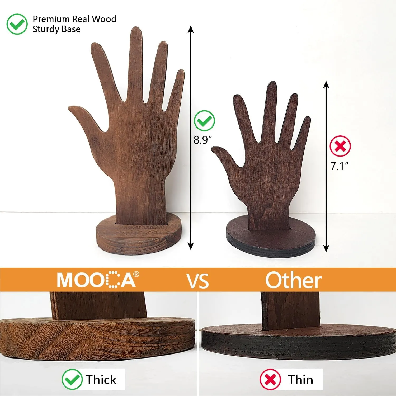MOOCA 6 Pcs Real Wooden Hand Form Jewelry Display Set, 2 Way Design for Wall Hanging or Standalone Mannequin Finger Hand Display, Premium Real Wood Sturdy Base, Wash White Color