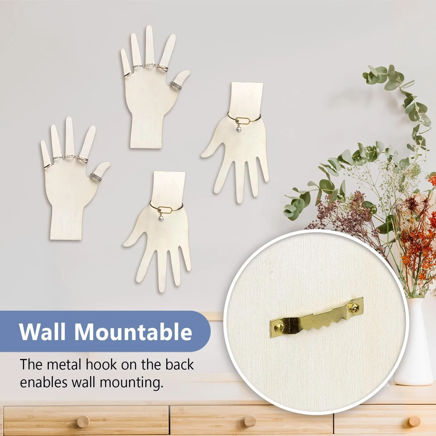 MOOCA 6 Pcs Real Wooden Hand Form Jewelry Display Set, 2 Way Design for Wall Hanging or Standalone Mannequin Finger Hand Display, Premium Real Wood Sturdy Base, Wash White Color