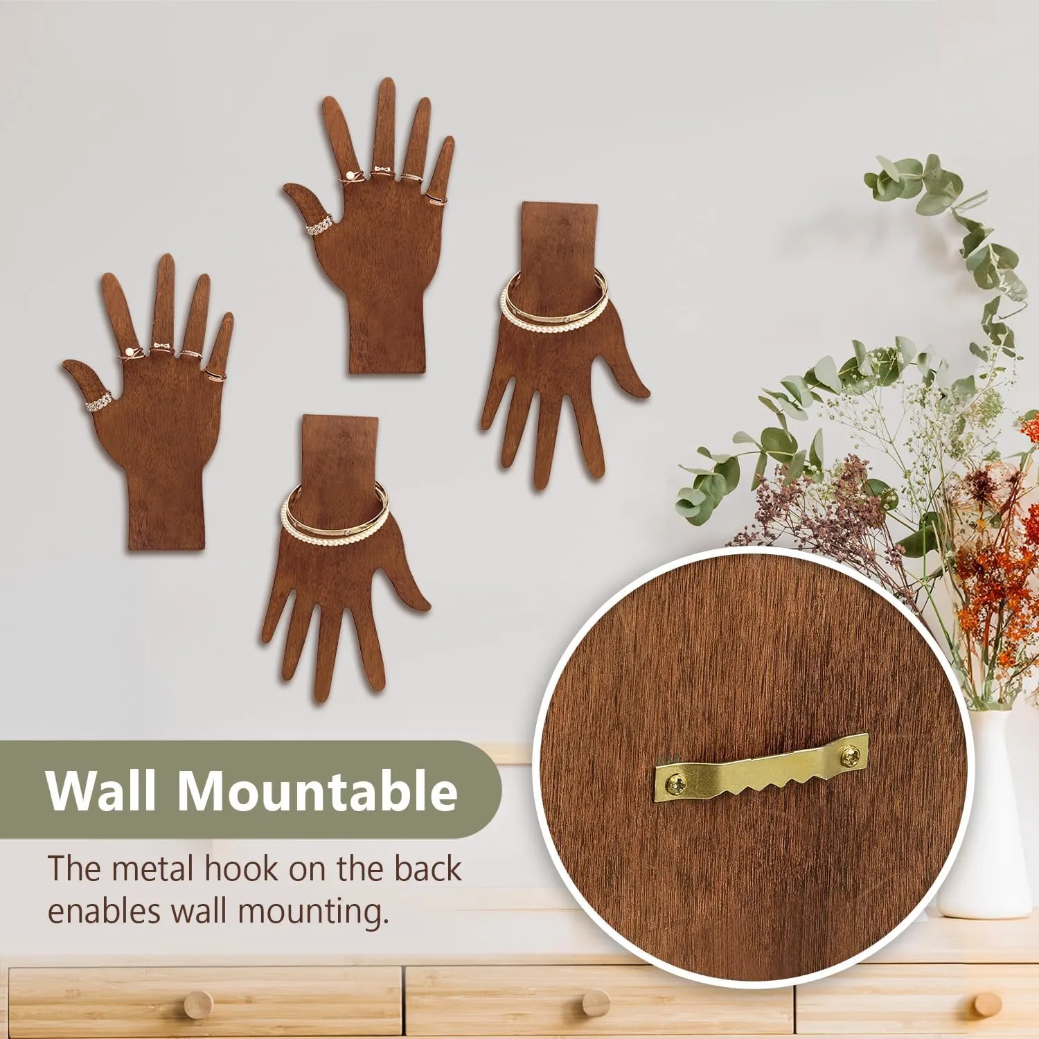 MOOCA 6 Pcs Set Real Wooden Hand Form Jewelry Display, 2-Way Design for Wall Hanging or Standalone Mannequin Finger Hand Display, Premium Real Wood Sturdy Base, Brown Color
